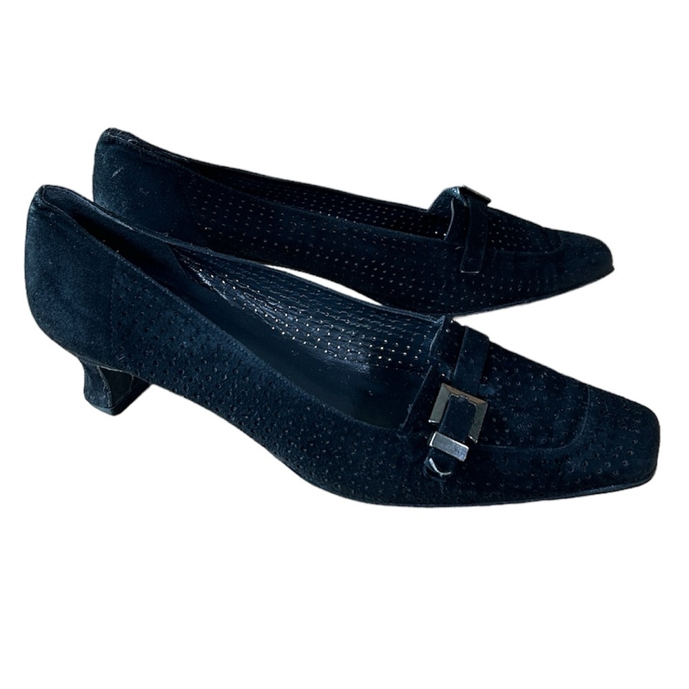 90s Stuart Weitzman Black Perforated Suede Kitten Heels, Size 7.5 Made in Spain - Picture 3 of 14